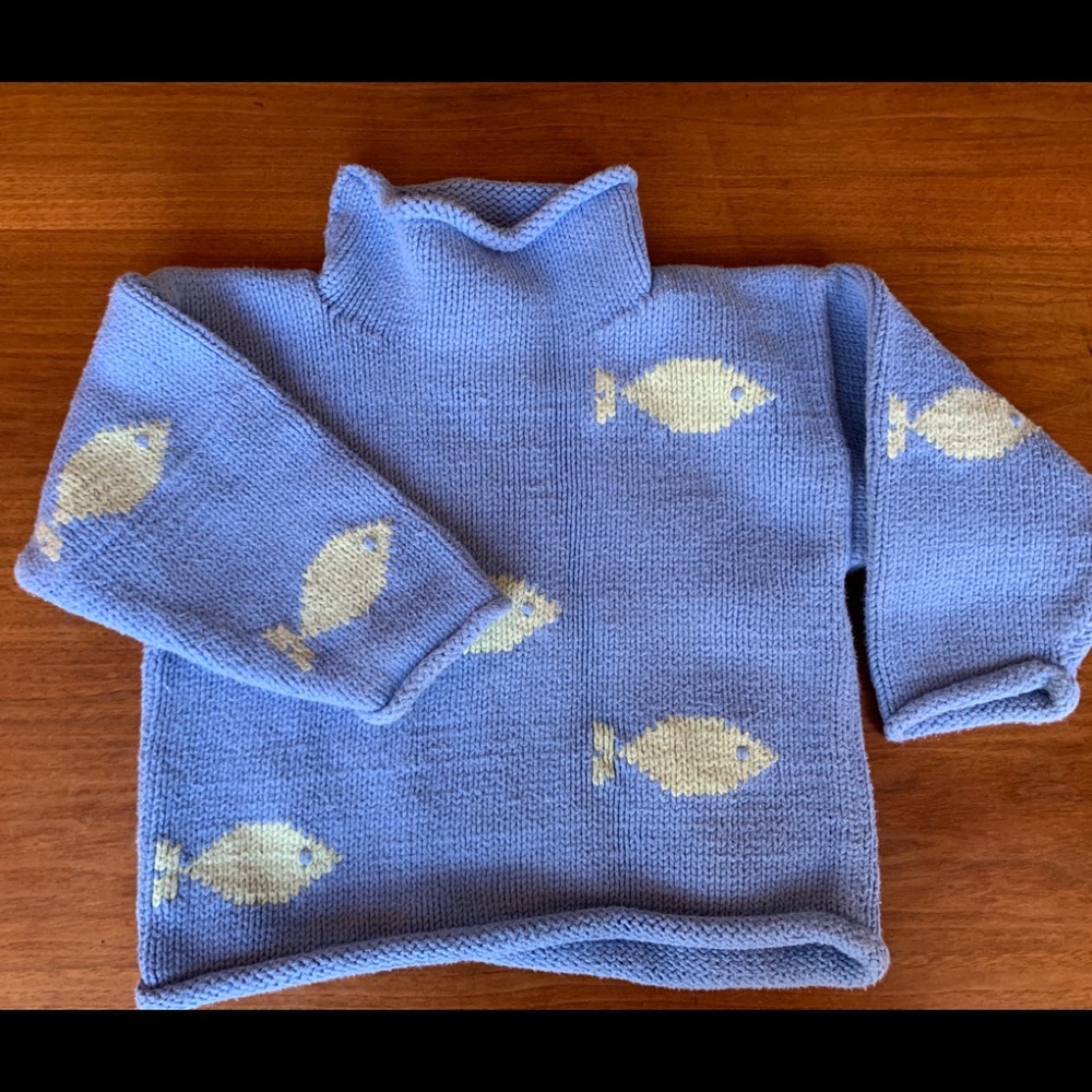 3T claver blue and green fish sweater
